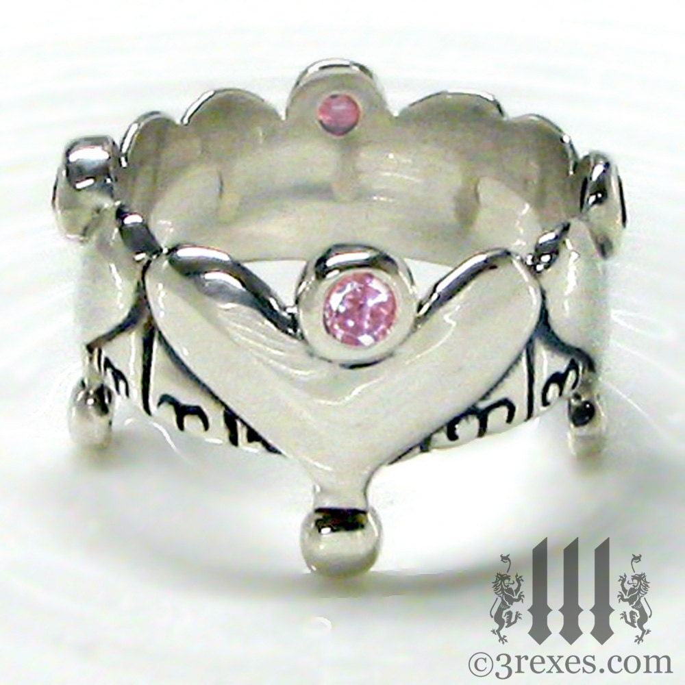 Silver Engagement Ring, Heart Crown Band, Gothic Pink Stones, Fairy Tale Wedding Size 9