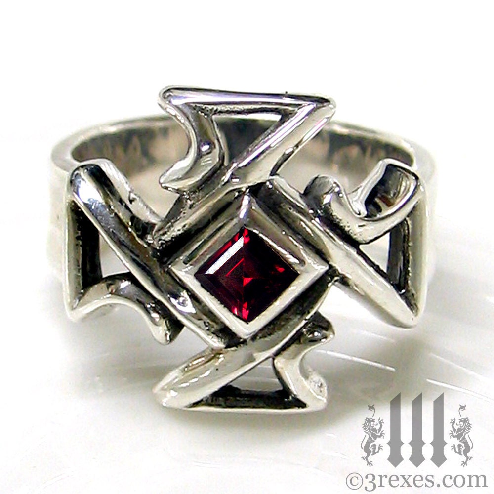 Celtic Cross Ring Dark Red Garnet Gothic Unisex Silver Wedding Band Size 7