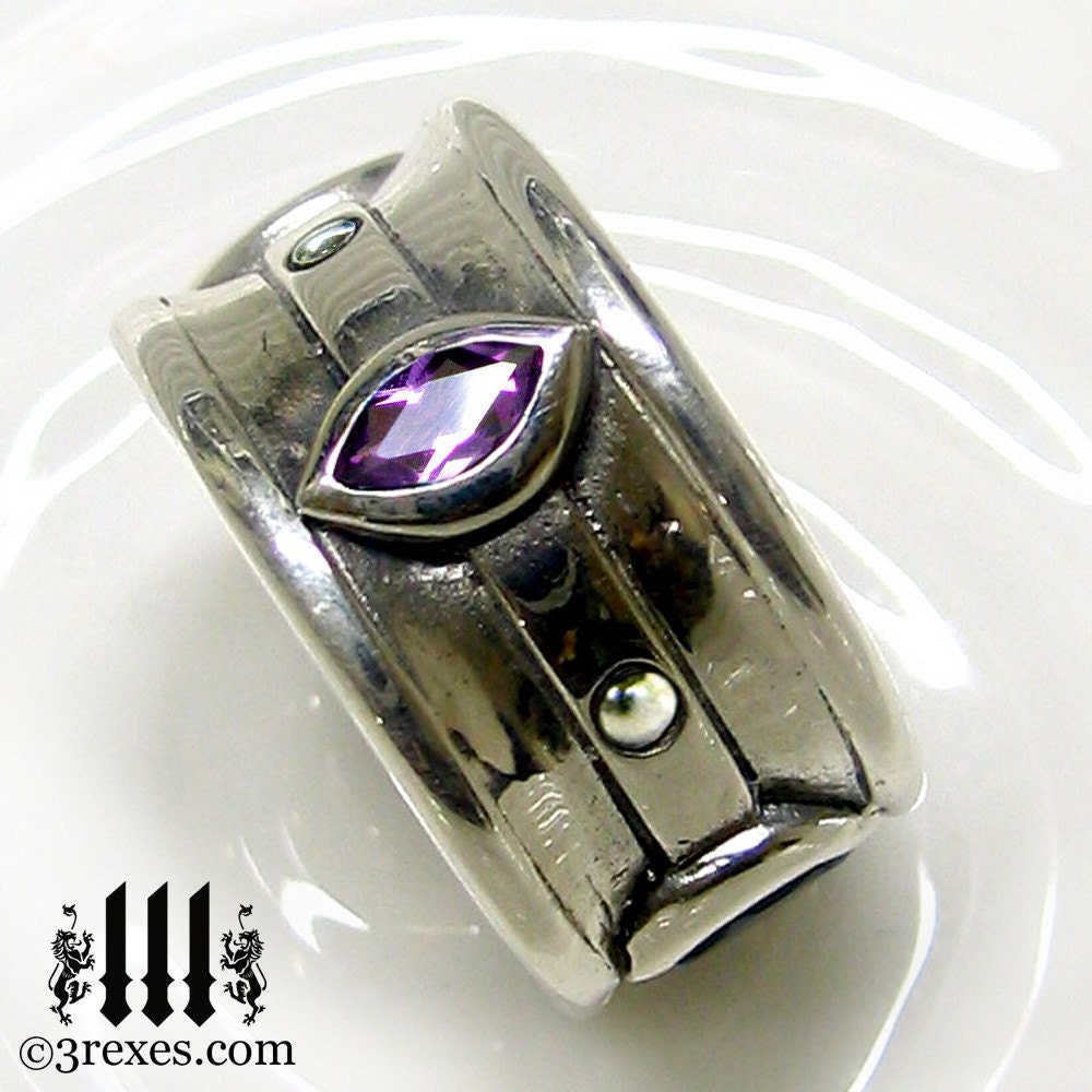 Moorish Marquise Gothic Wedding Ring, Sky Blue Topaz, Purple Amethyst, Engagement Band, Thick Sterling Silver, Size 6