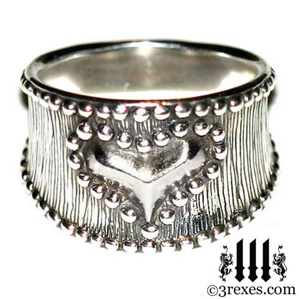 Gothic Silver Heart Ring, Studded Medieval Wedding Band, Size 6