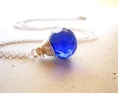 Midnight Blue Quartz Necklace, Sterling Silver Onion Briolette Wire Wrapped Cobalt Navy, Party Jewelry