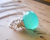 Seafoam Necklace Sterling Silver Quartz Onion Briolette Wire Wrapped Mint Aqua Green
