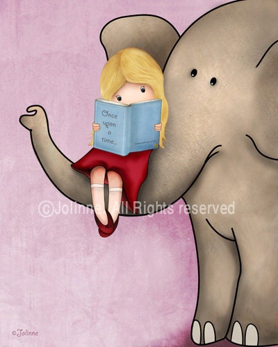 Elephant art for children room , baby nursery art, books theme , cute illustration for kids room or nursery