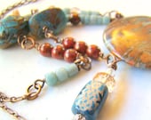 Jasper stone statement necklace in blue, peach, rust and bronze with trade beads - ElephantBeads