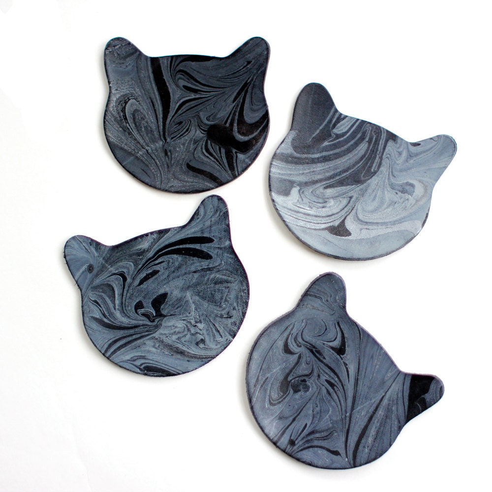 Marbled Leather Cat Coaster / Set of 4