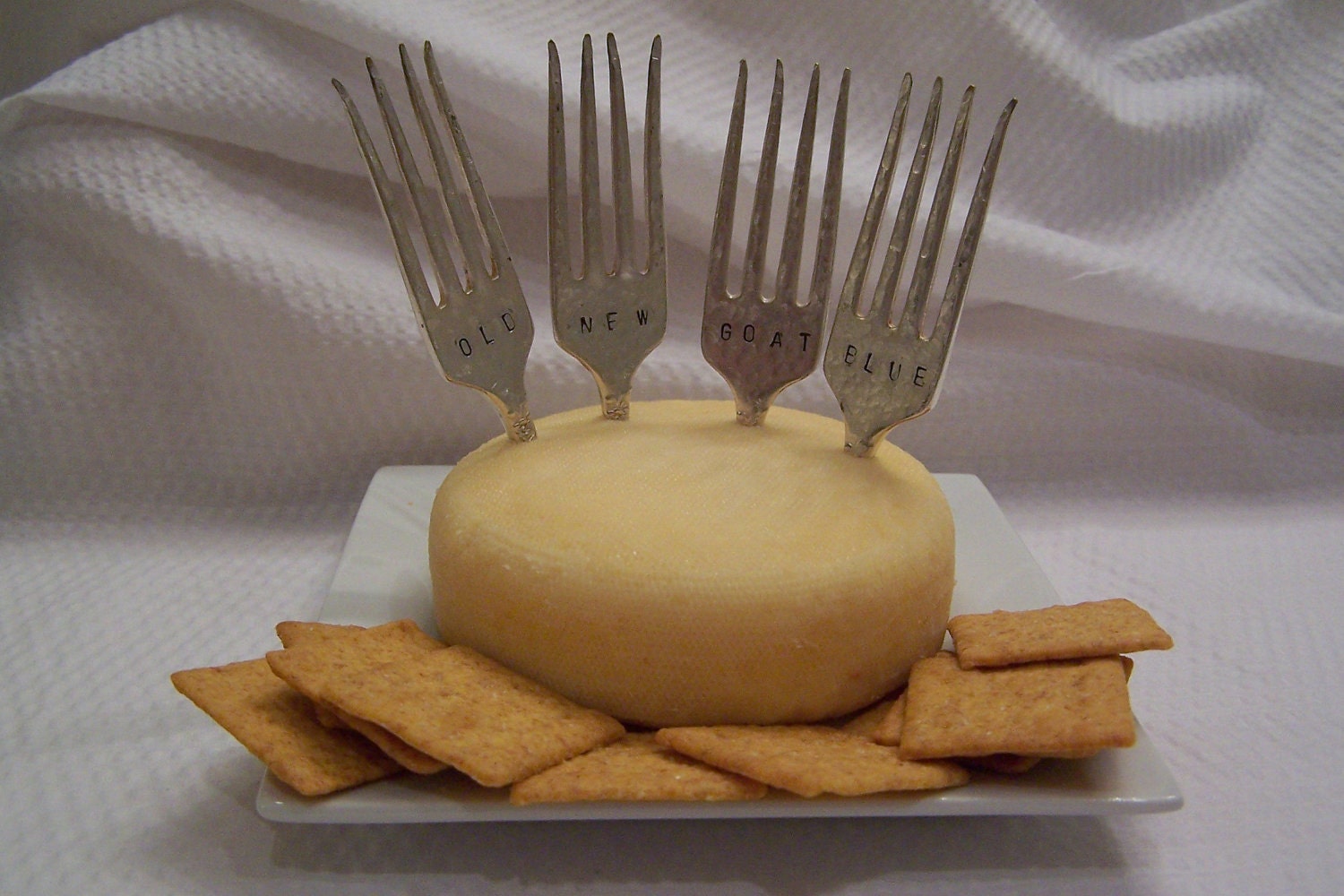 Cheese Markers - Old - New - Goat - Blue - Hostess Gift - Hand Stamped - Hand Hammered - Vintage Silverplate - Gift Basket - Under 20