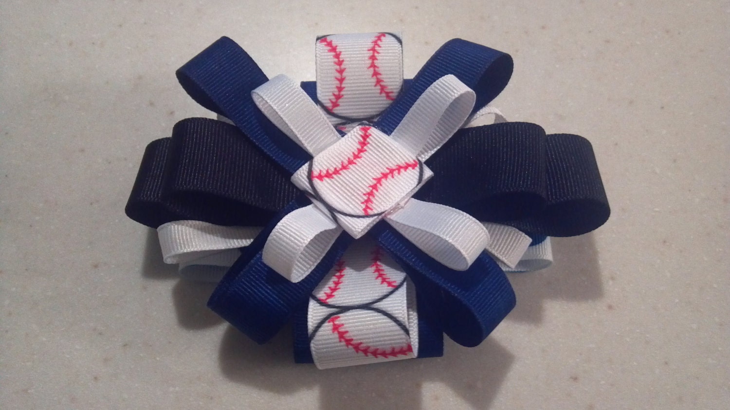Girls Blue Black and White baseball hair bow