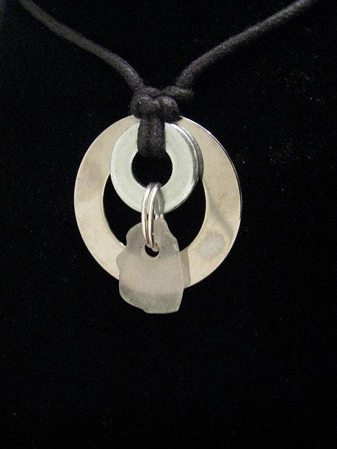 urban artifact necklace - mirrored steel washer, frosted white Lake Michigan beach glass, shiny washer