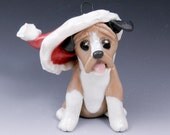Boxer Ornament wearing Santa Hat Porcelain