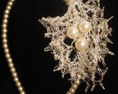 Bridal pearl headband with hand crocheted silver & pearl flower