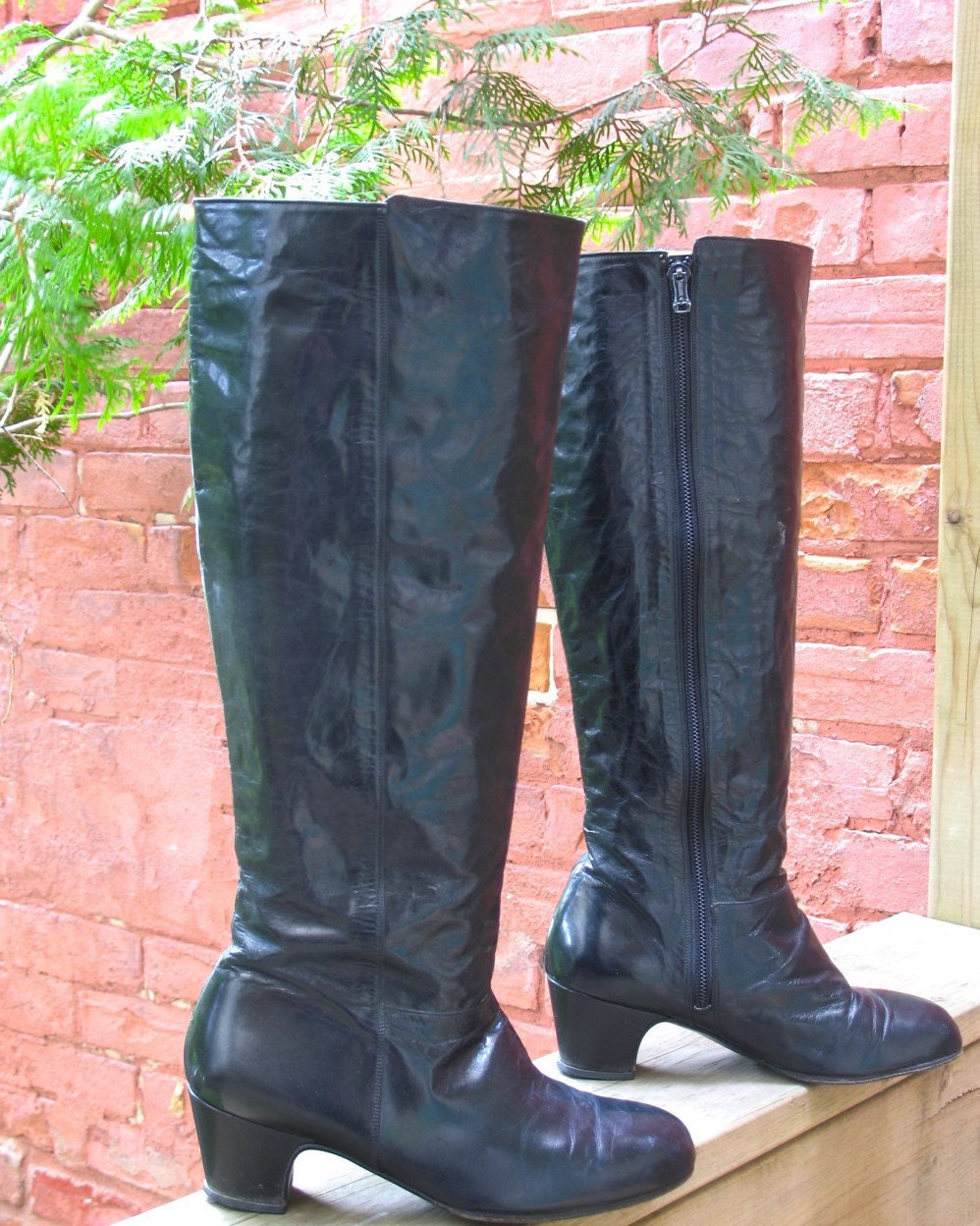 Vintage 60s Leather Boots / Go Go Era Knee High / 6 / Black