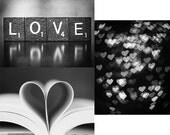 Set of 3 - Black and White Love Photograph Prints - 5x7 Photographs - Romantic Photography with hearts - Metallic Paper