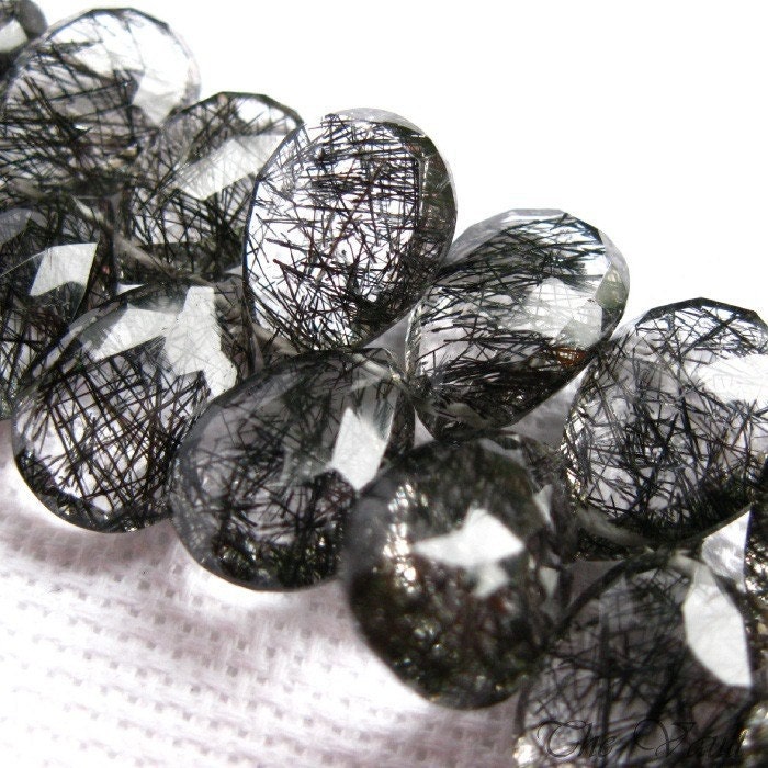Tourmalinated Quartz faceted pear briolettes 12-16mm (1 pair, 1 focal)
