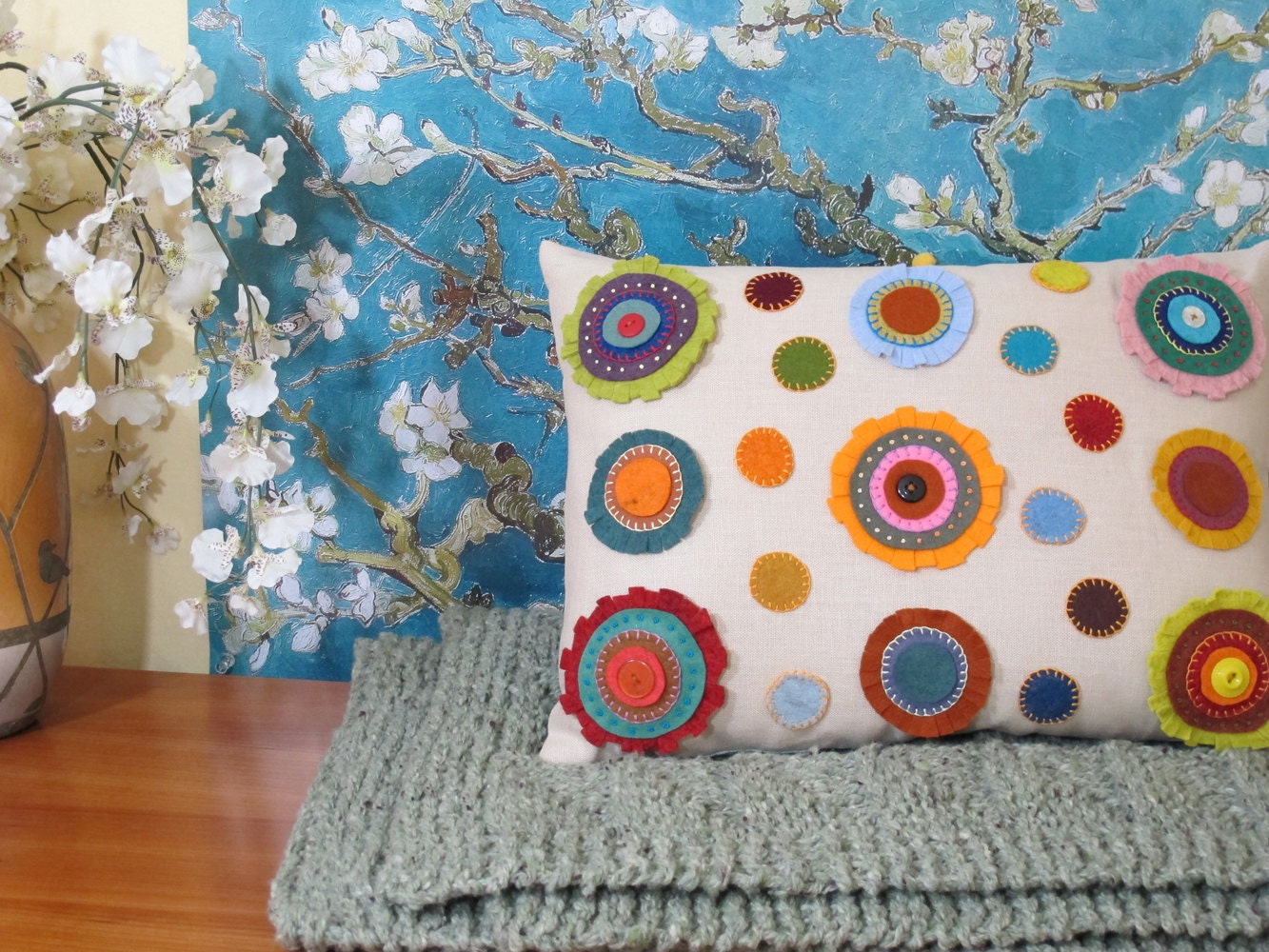 Handmade Folk Art Penny Rug Polka Dot Pillow -- shabby chic, throw pillow, decorative pillow, cushion, embroidery, circles