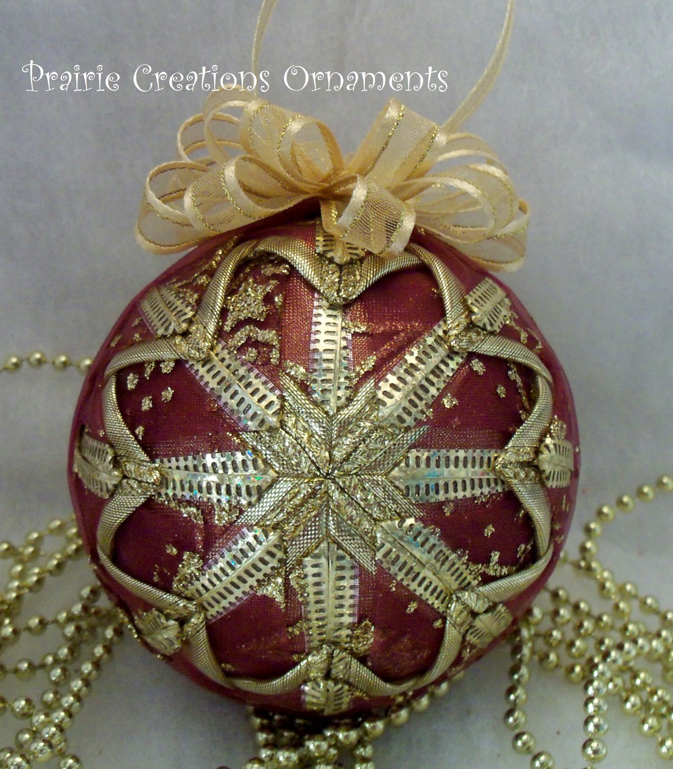 Burgundy and Gold Quilted Christmas Ball Ornament