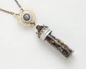 Steampunk Necklace vintage watch gears cogs glass vial skeleton key Swarovski crystal pearl gold filigree pendant Steampunk Nation R1075