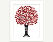 Valentine Heart Tree with Love Birds in Red Silver & Black - Wedding Gift - 8x10
