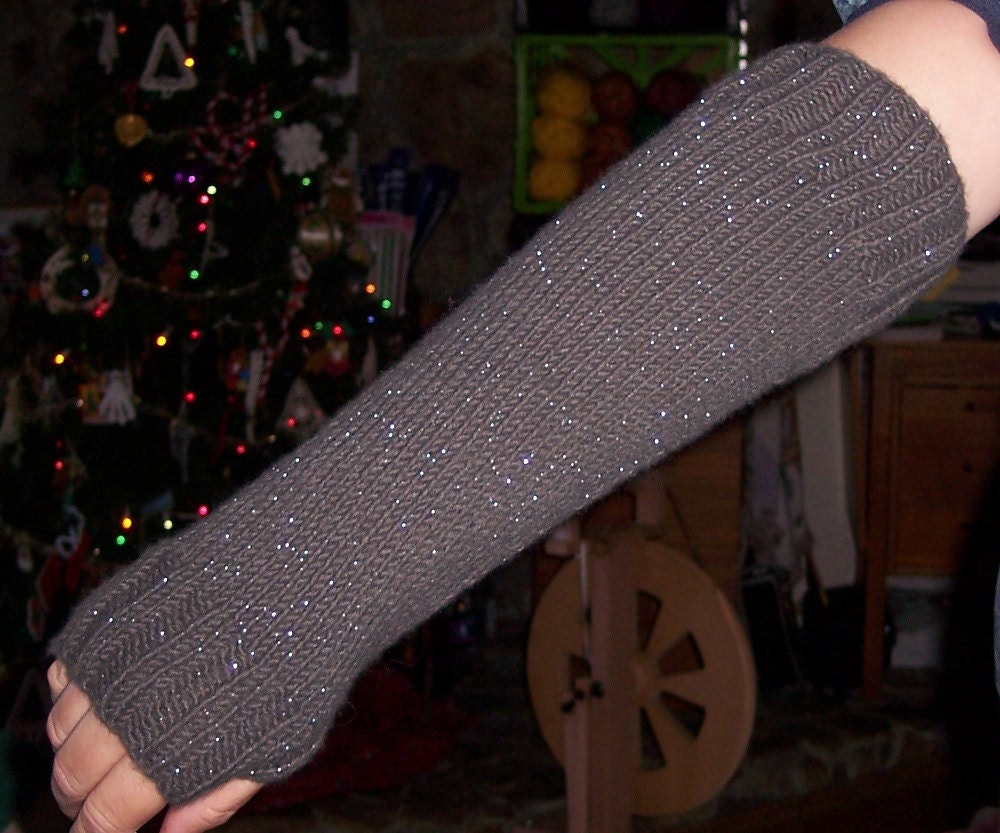 Handknit Arm Warmers, Gift for Women, Brown with silver flecks