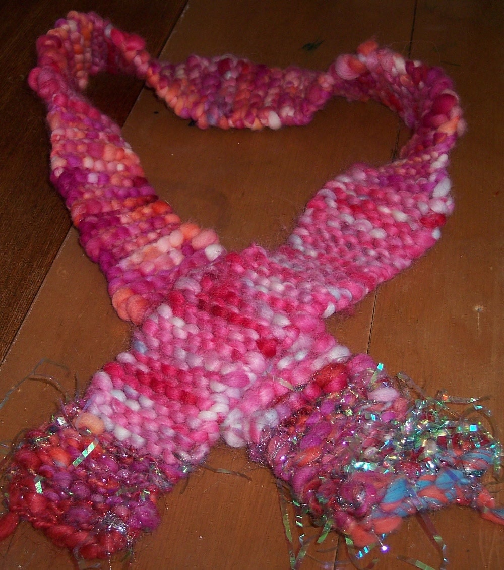 Handknit Art Scarf, Orange and Pink