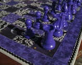 Wizard Chess.  Purple and Silver Quilted Chess Board with Staunton Chess Pieces.  Roll up and take along.