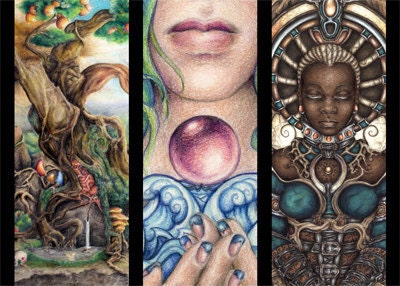 Art Bookmarks Set - Handmade Bookmarks - Women Fantasy Art - Color Pencil Drawing - Paper Bookmarks