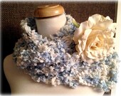Cuddly Sky Blue & Cream Boucle Scarf with Large Silk FLower Pin
