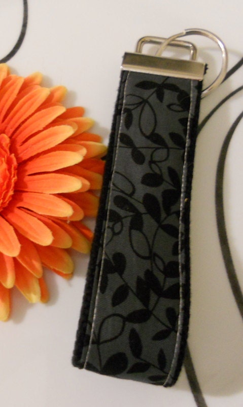 Key Fob Wristlet - Charcoal with Black Leaves