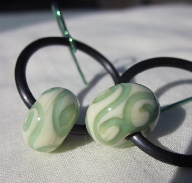 Cream and Sage Green Earrings - Lampwork on hoops