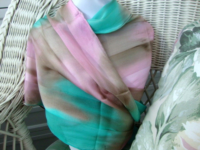 Feminine Delight Aqua Pink Tan Hand Dyed Silk Scarf