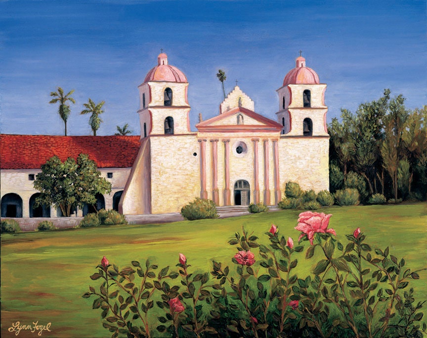 Santa Barbara, Mission, Print, 8 x 10 inch with double mat, unforgettable rose garden