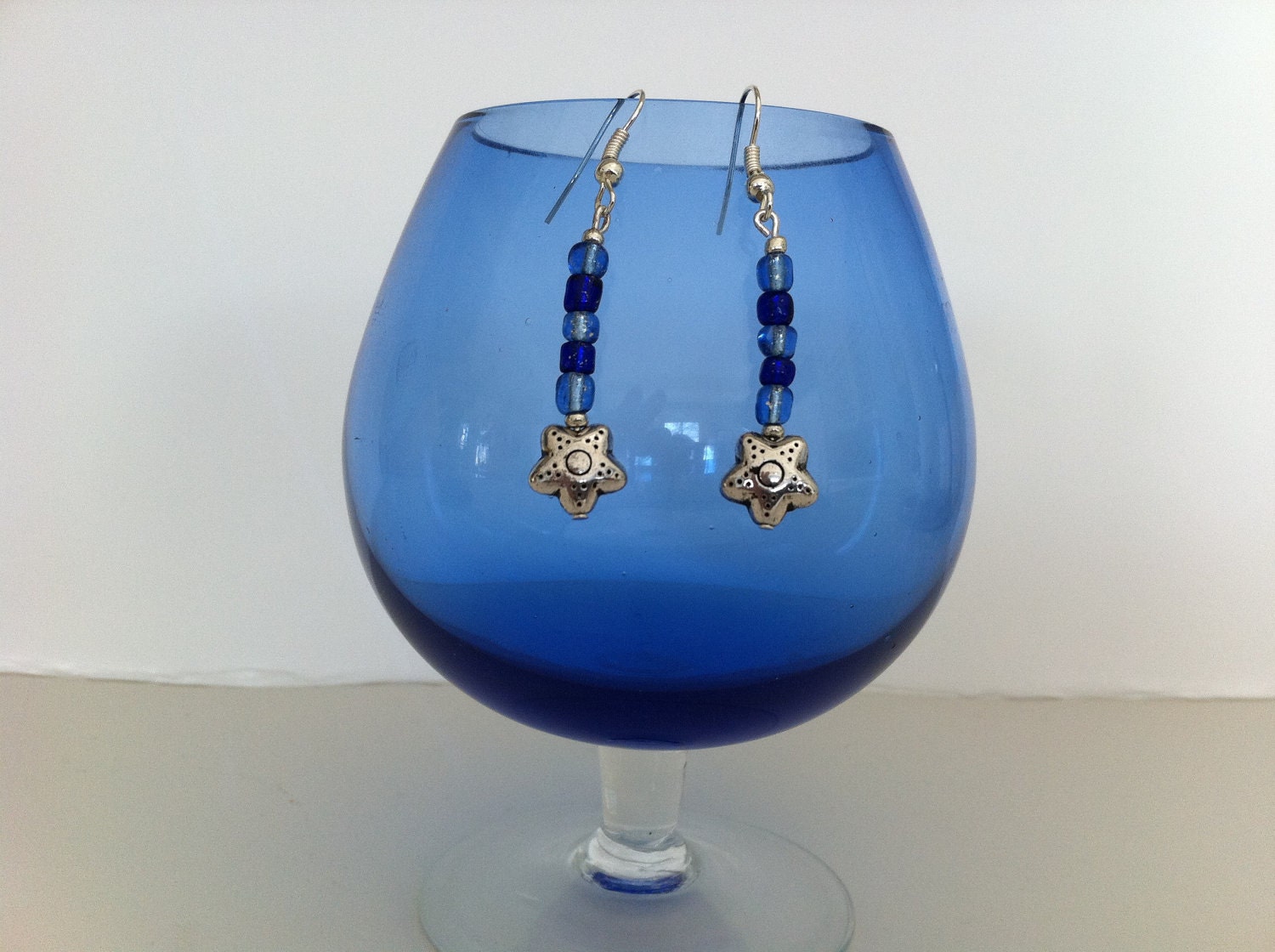 Royal Blue and Baby Blue Glass Beads with Silver Star Bali Beads