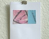 art card blank pink blue original monoprint collage on white cardstock