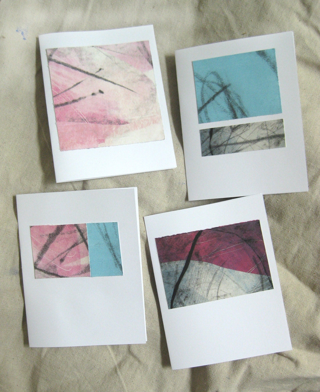 art card set of four blank blue original monoprint collage on white cardstock