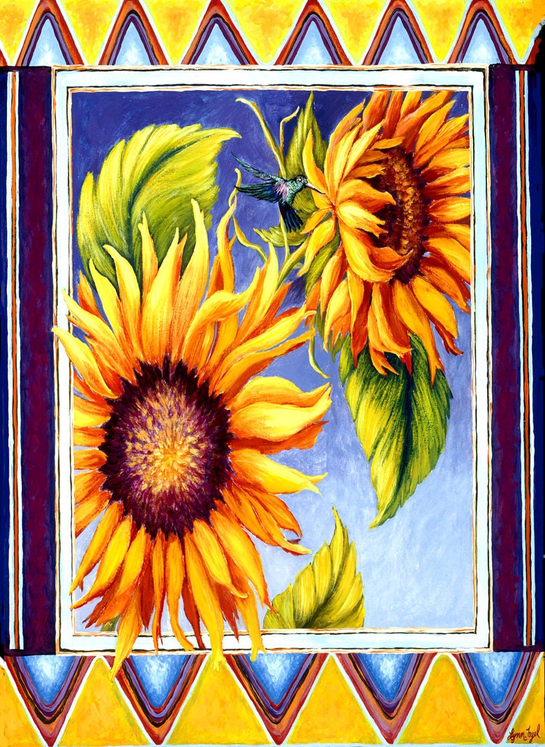 Sunflower, hummingbird, Print, 8 x 10 inch with double mat, whimsical, Mosaic Rhapsody dancing in the wind