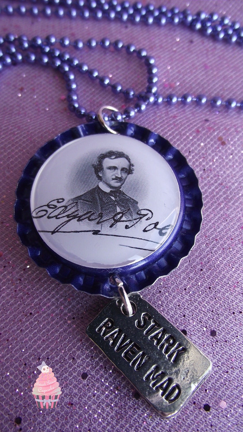 Edgar Allen Poe - Stark Raven Mad Bottle Cap Necklace in Blue