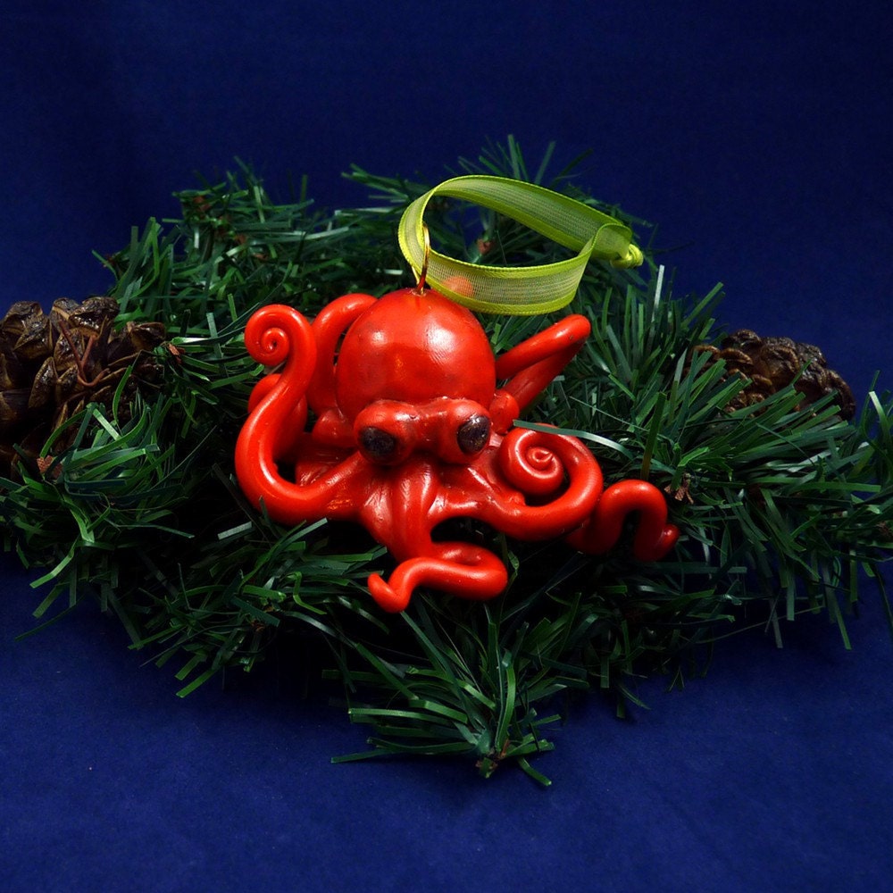 Red Tree Octopus Ornament - Sculpted Christmas Decoration