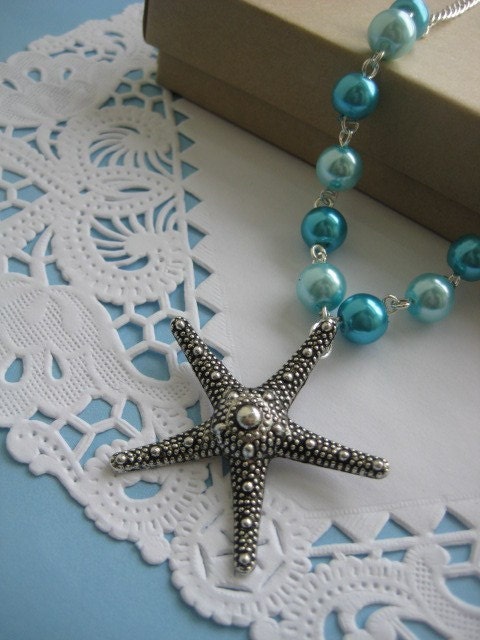 Large starfish pendant on silver chain chain with turquoise blue glass pearls necklace. Perfect for Destination Weddings and vacation