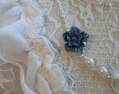 Navy blue coloured Sakura japanese flower assymetrical necklace with glass pearls in your colour. Perfect for Bridesmaids and Bridal party.
