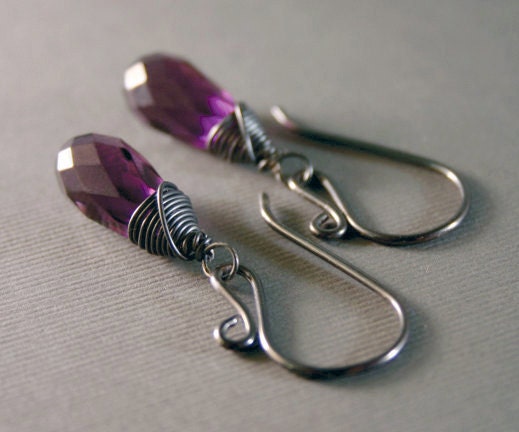 Amethyst Earrings Quartz Briolette with Oxidized Sterling Silver