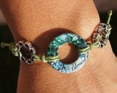 Blue Green 'Blessed' Hemp Cord Macrame Adjustable Sliding Knot 'Circles of Inspiration' Handmade Charm Bracelet