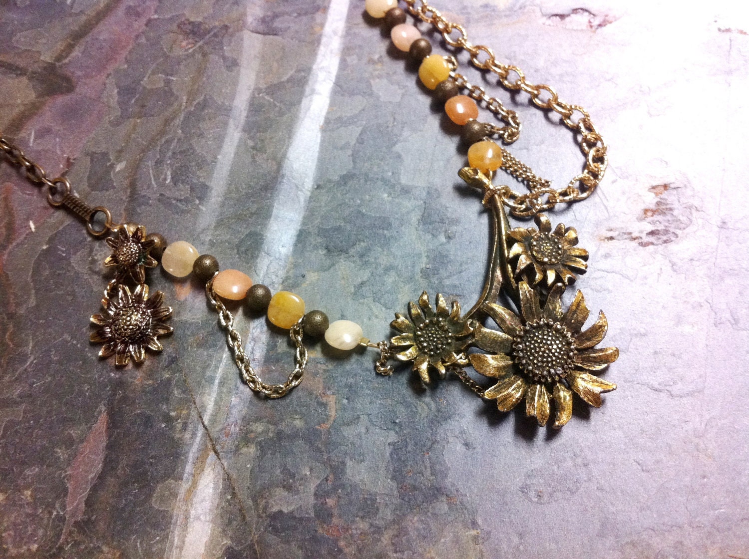 Sunflower Statement Necklace Gold Vintage Assemblage Flower Necklace Orange Peach Jasper, This Beautiful Life