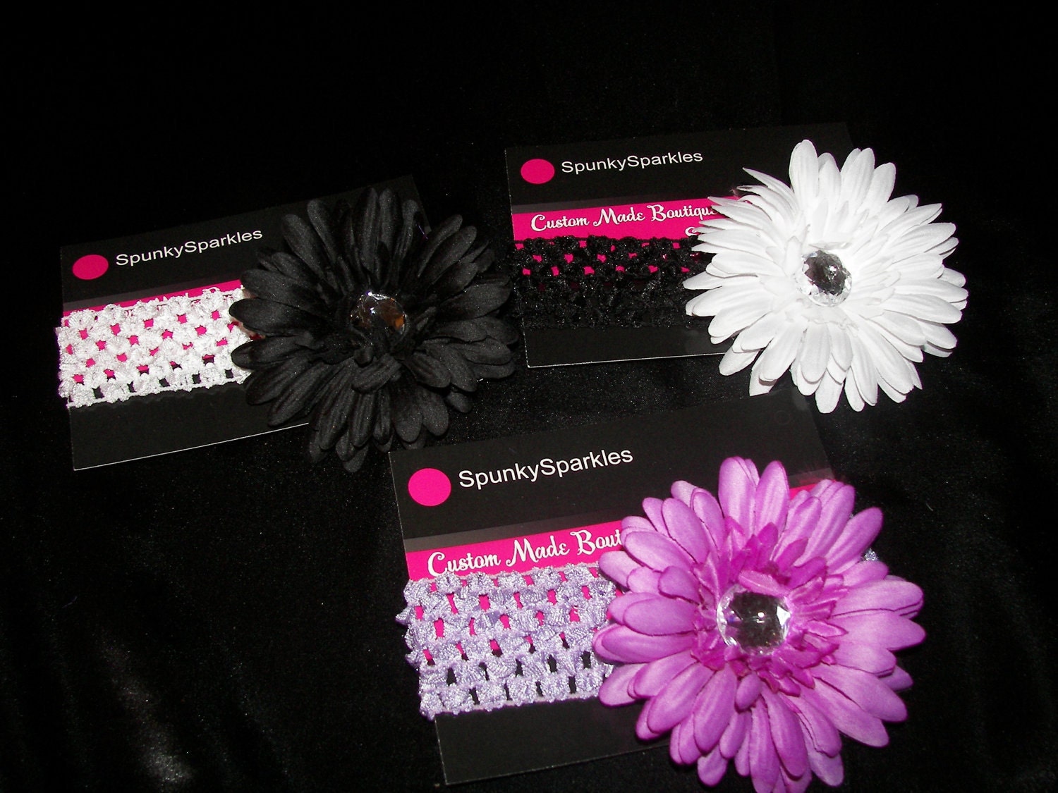 Purple, Black, and White Jeweled Flower Hair Clip & Coordinating Headbands
