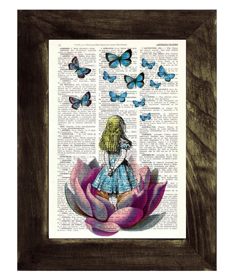 Alice in wonderland Alice in Prrintland Looking for a pink butterfly - Alice in Wonderland Collage Print on Vintage Dictionary Book art