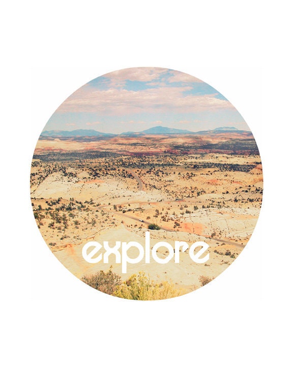 Motivational 8"x10" Print - Explore - circular format tribal style bohemian minimalist mountains sky blue inspirational