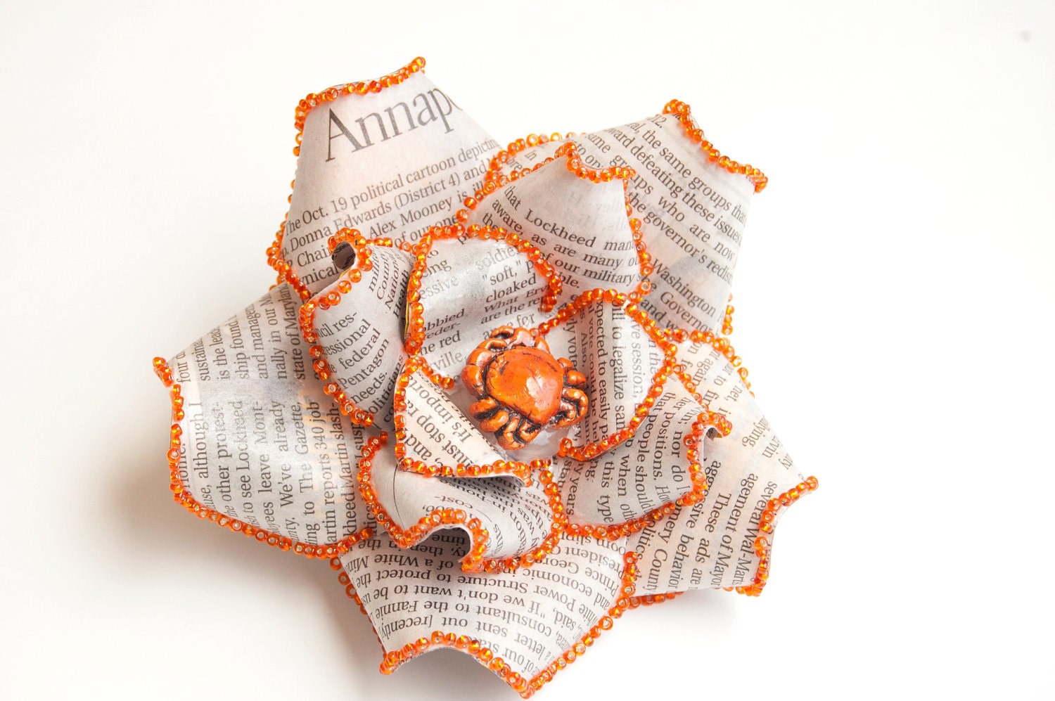 Newspaper and Crab Hair Flower with Glass Bead Fascinator