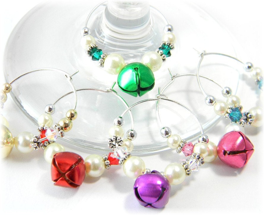 Wine Glass Charms  Crystal and Jingle Bell Christmas Wine Glass Charms Hostess Gift set of 6