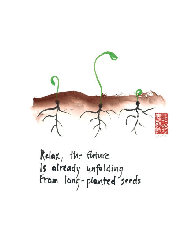 Zen affirmation 11x14 print  - seedlings - haiku and sumi ink painting - MakinoStudios