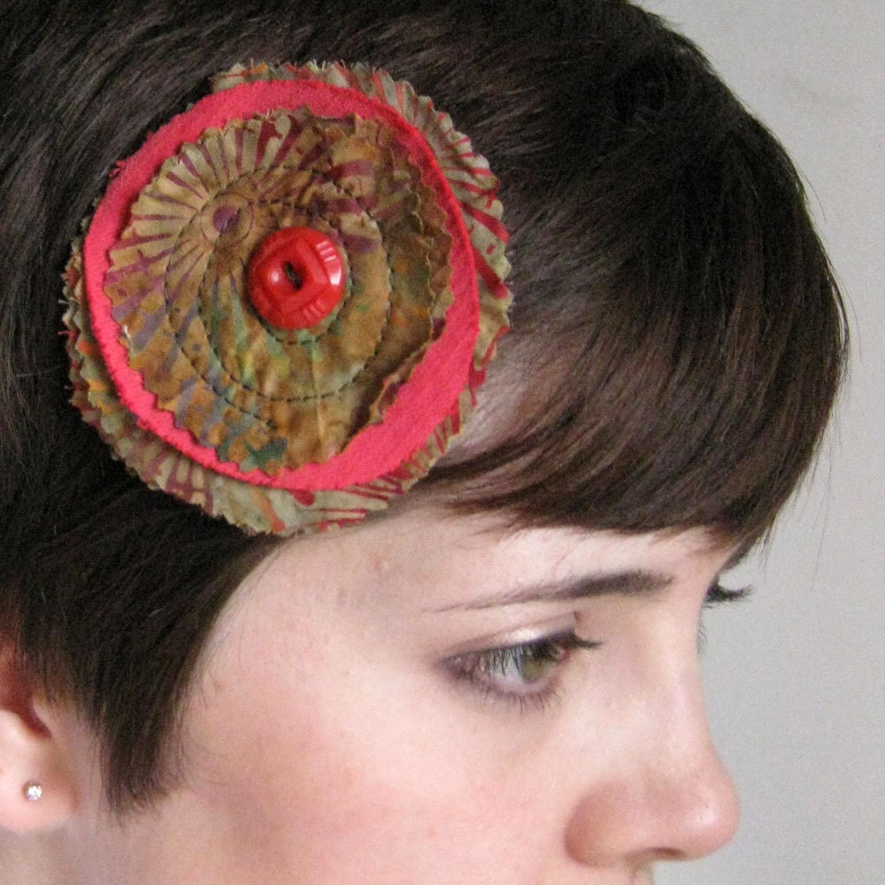 BROOCH/HAIR CLIP recycled red denim tan batik pin by Lynn Minney Designs