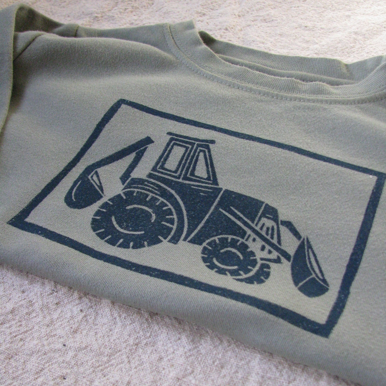 Construction Shirt Toddler, Backhoe Loader Lino Cut Shirt, Hand-Dyed, Hand-Printed, 2T Size