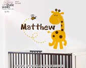 Giraffe Wall Decal  with name decal and bee decal. Cute giraffe with custom name wall decal and flying bee for girl or boy nursery.d433